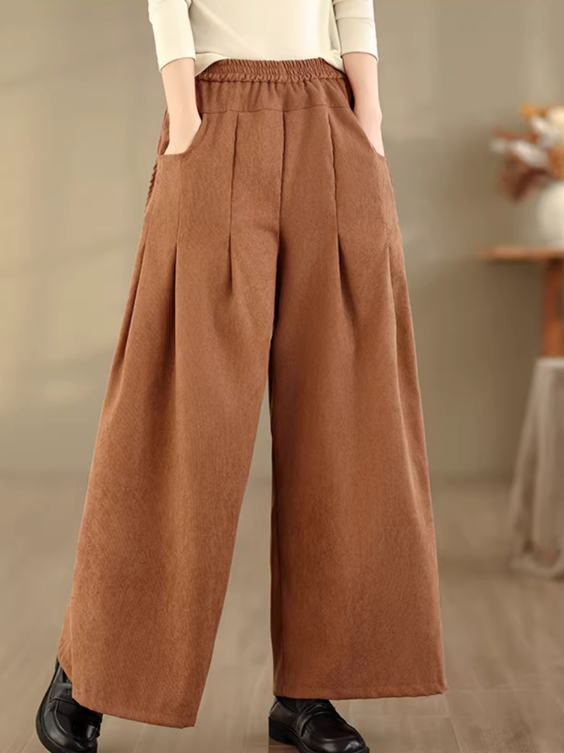 Chic Relaxed Corduroy Wide-Leg Pants with Pockets and Elastic Waist
