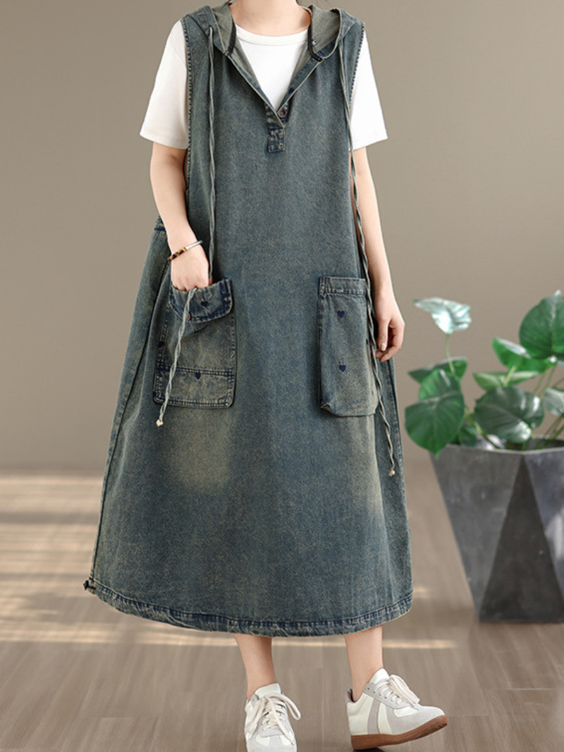 Hooded Denim Dress in Cotton, Pinafore Silhouette with Oversized Pockets