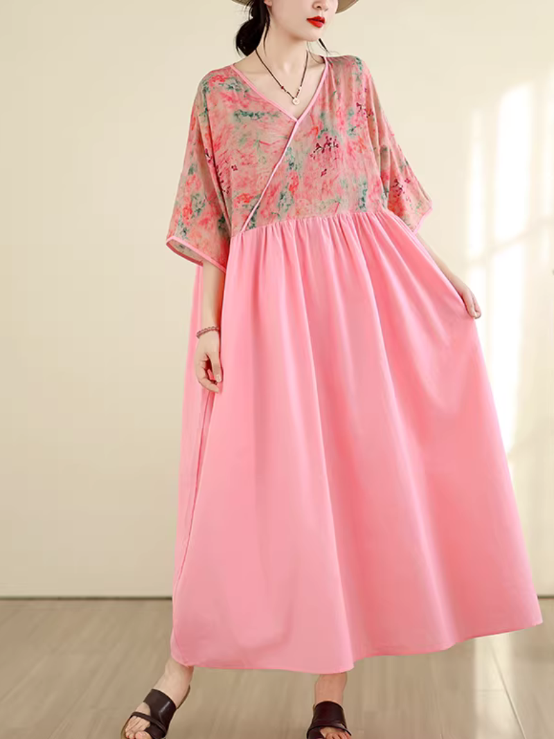 Floral Kimono-Top V-Neck Maxi Dress in Viscose Blend Chic Silhouette