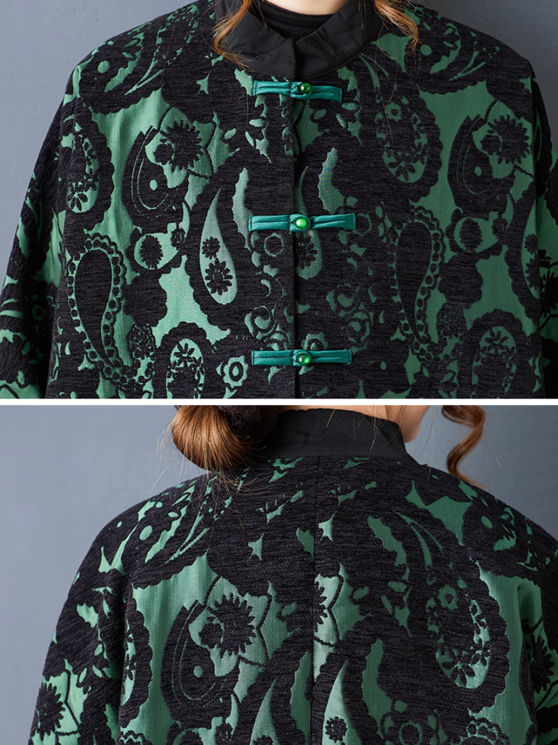 Artisanal Jacquard Flocking Overcoat with Mandarin Collar and Frog Closures