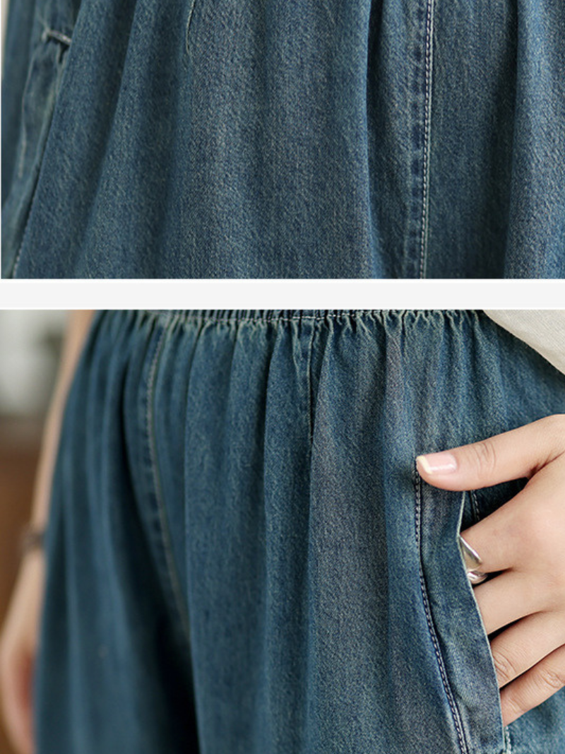Fluid Wide-Leg Denim Cotton Pants with Elastic Waist and Pockets