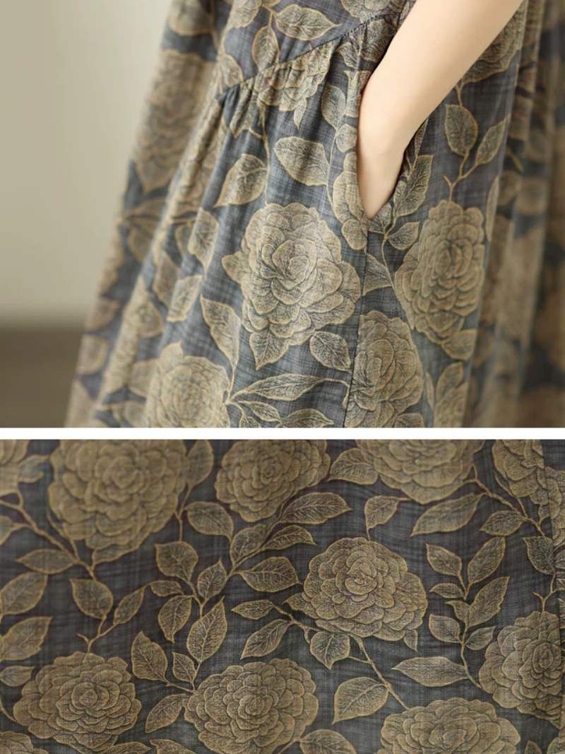 Botanical A-Line Cotton Linen Dress with Pockets, Relaxed Midi Elegance