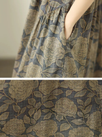 Botanical A-Line Cotton Linen Dress with Pockets, Relaxed Midi Elegance