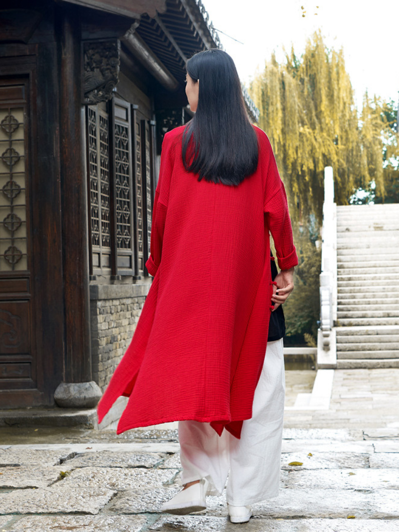 Elegant Cotton-Linen Mandarin Collar Midi Tunic Dress with Frog Buttons