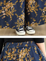 Floral Denim Cotton Palazzo Pants with Elastic Waist, Chic Wide-Leg Silhouette