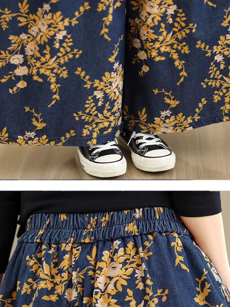Floral Denim Cotton Palazzo Pants with Elastic Waist, Chic Wide-Leg Silhouette