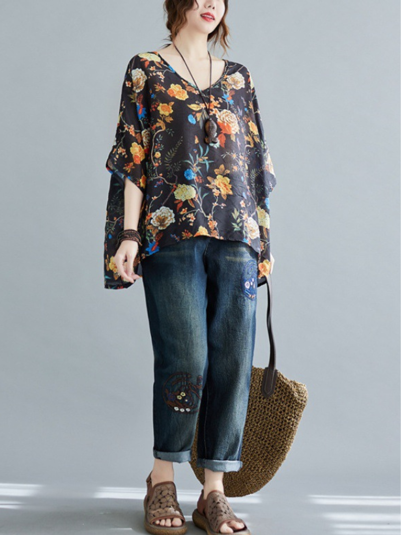  Women's Big Flower Loose Tops
