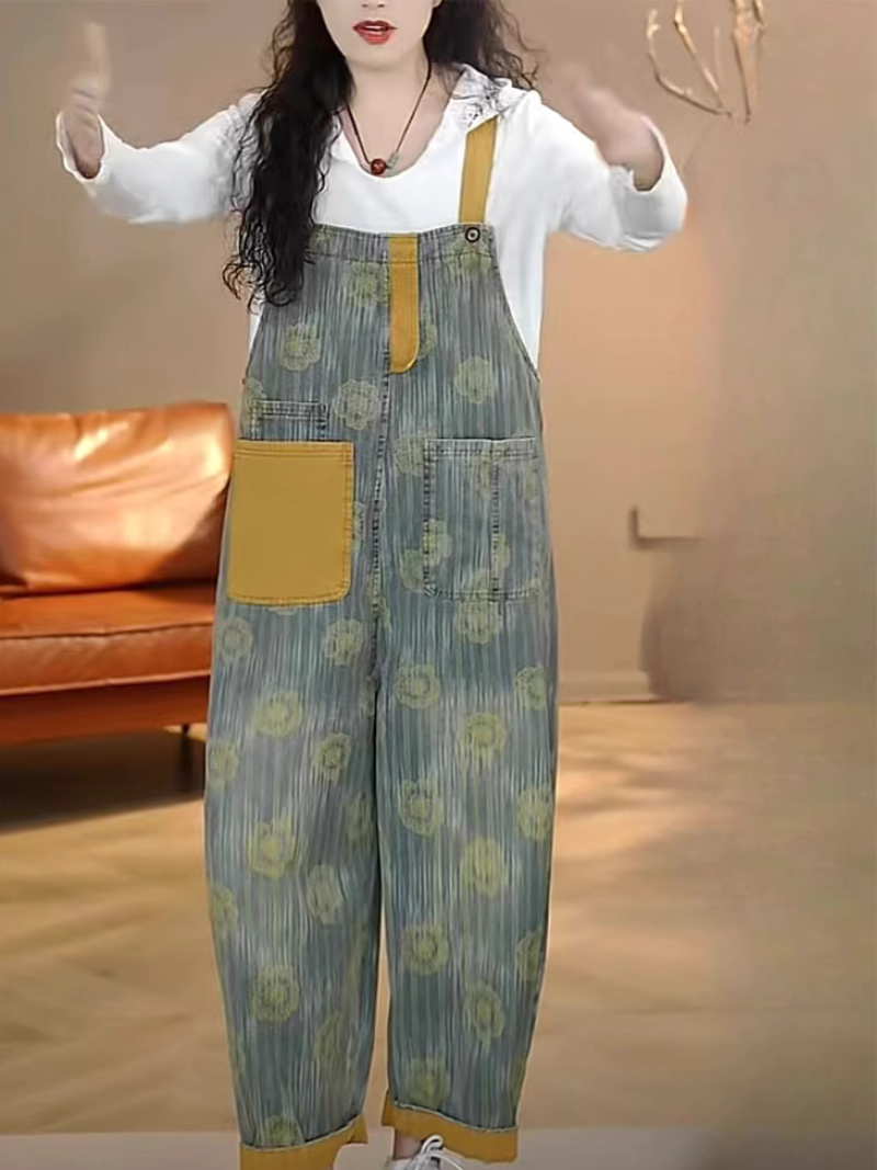 Women's Spring and Summer Loose Casual Yellow Flower Dunagrees