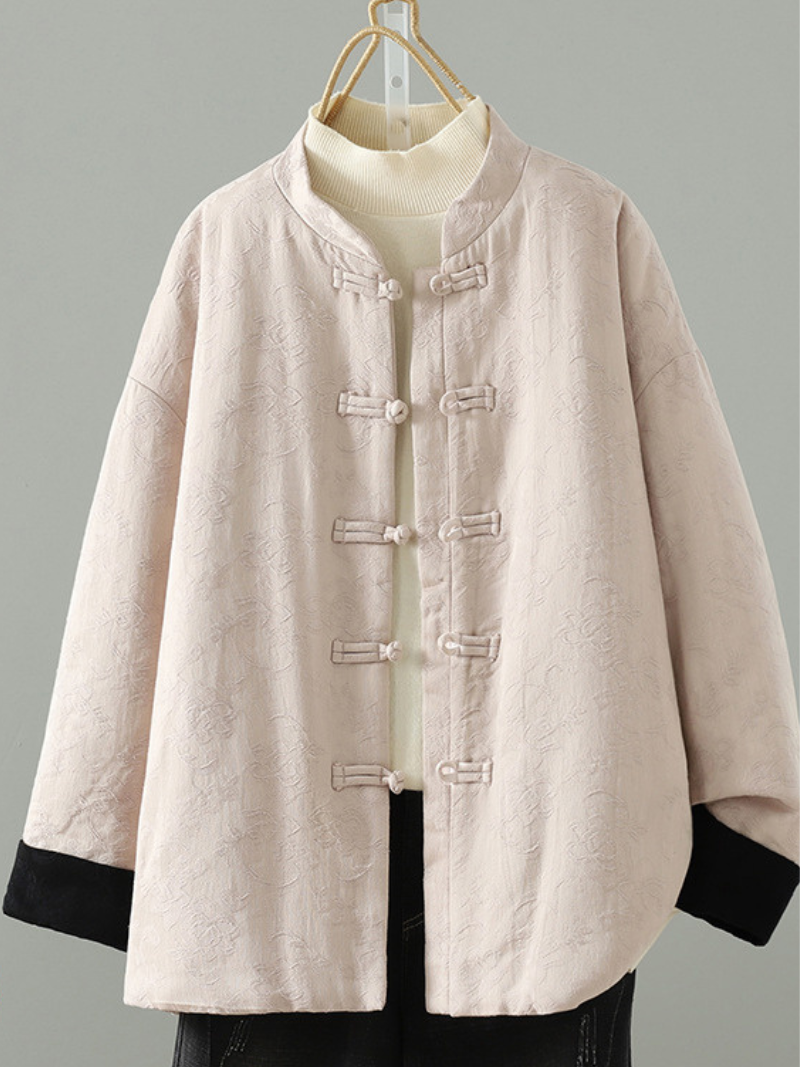 Mandarin-Collar Cotton&Flax Jacquard Jacket, Elegant Women’s Winter Outerwear