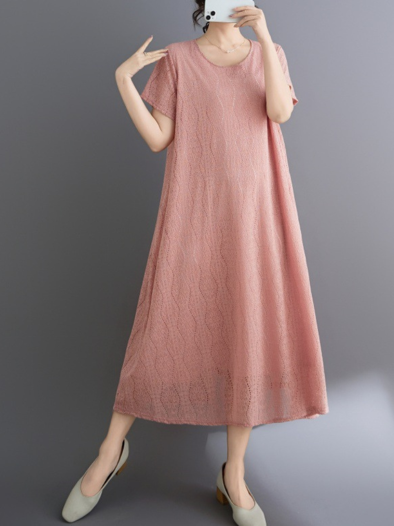 Lace-Scrolled A-Line Midi Dress with Pockets in Cotton Blend Elegance