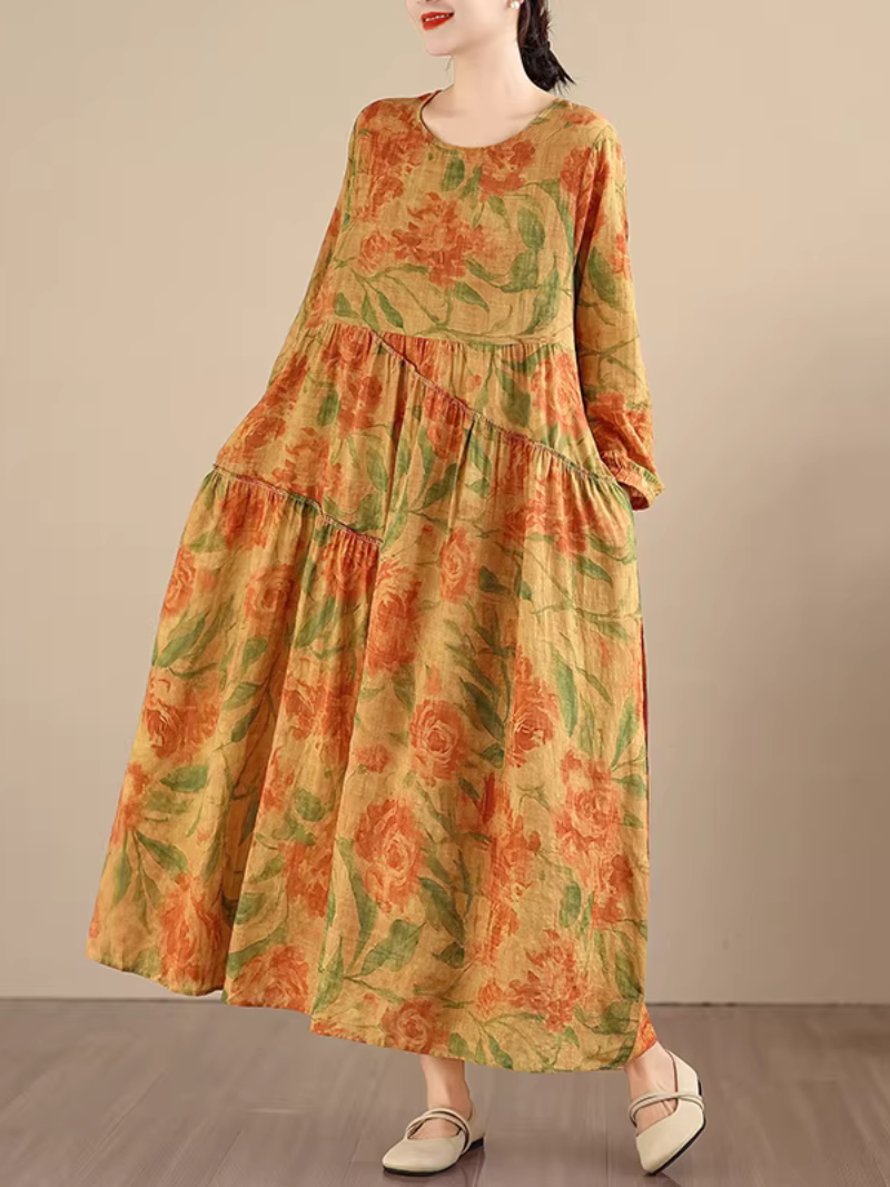 Artful Floral Tiered Maxi Dress in Airy Cotton&Flax for Everyday Elegance