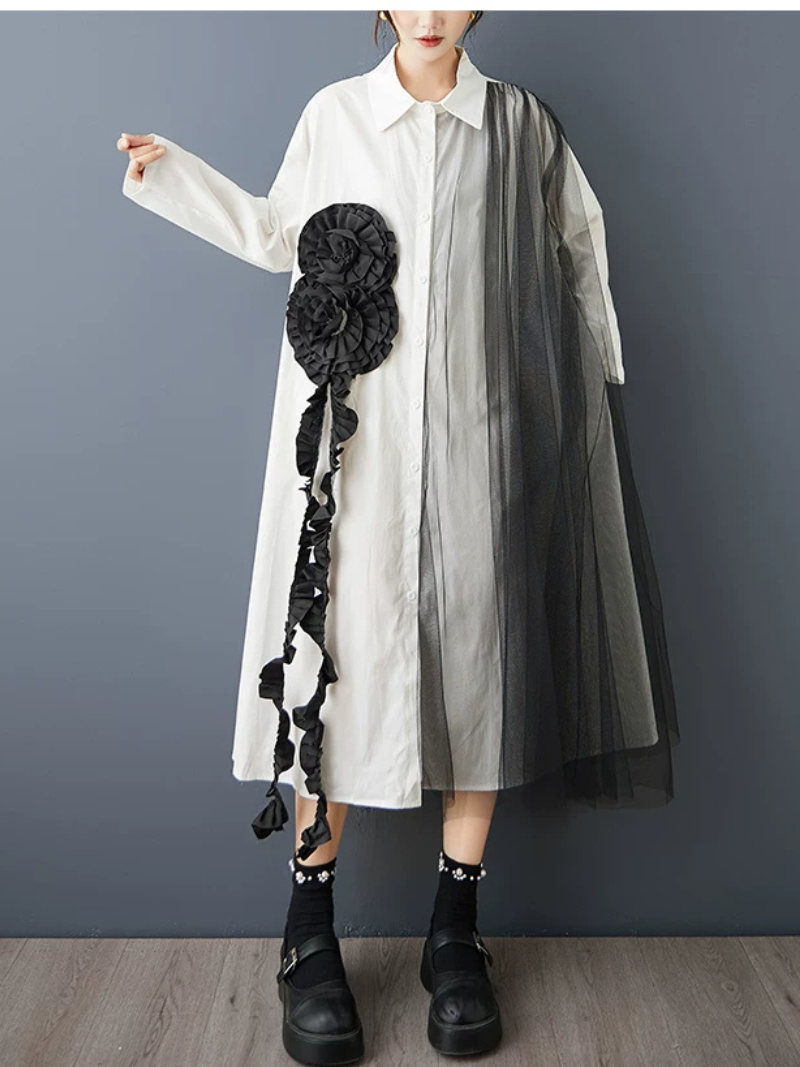Confidence in Motion Shirt Dress — Flowy Mesh with Sculptural Rosette