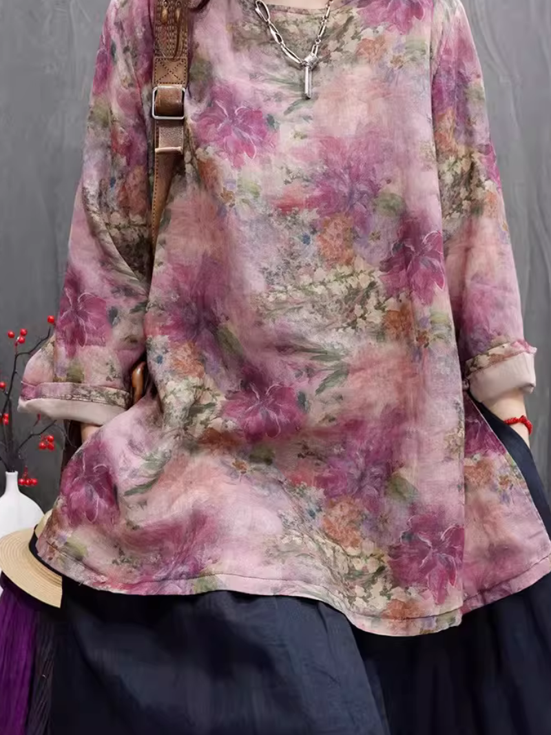 Painterly Floral Cotton Linen Tunic Blouse with Relaxed Long Sleeves