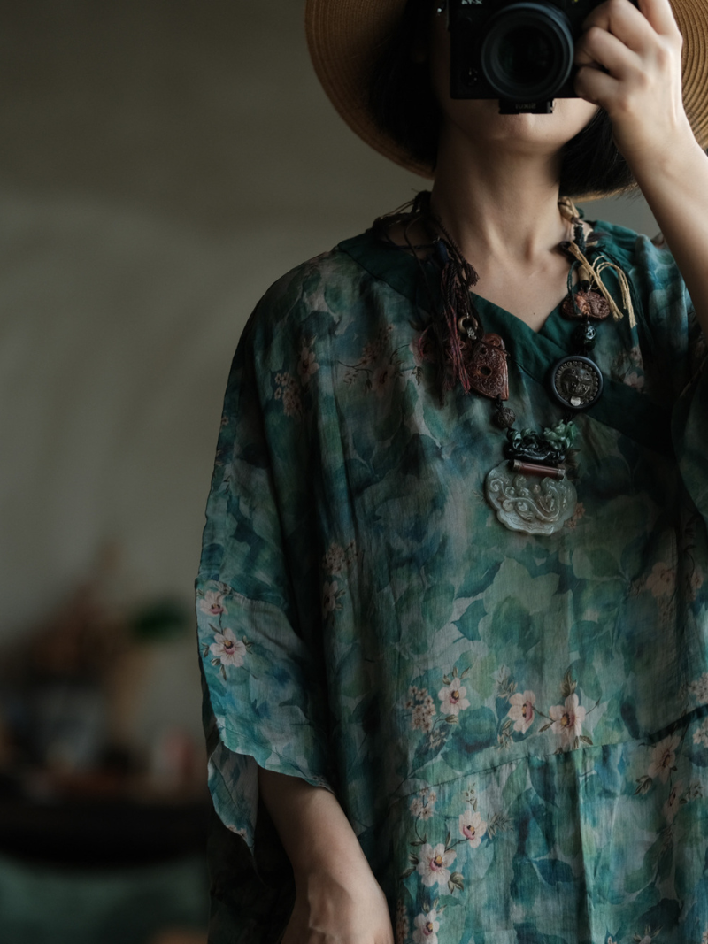 Artisanal Floral Ramie Kaftan Dress with Flowing Kimono Sleeves