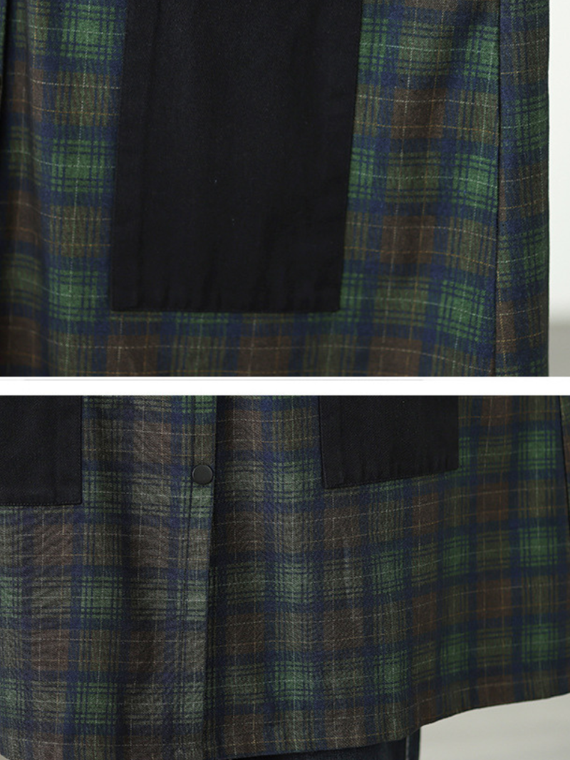 Longline Denim Cotton Plaid Shacket Coat with Hood and Pockets