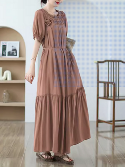 Women's Summer Stylish Lace-Up Side Flower A-line Dress