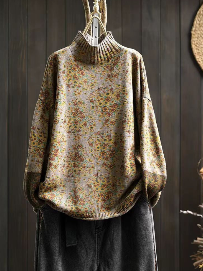 Women’s Floral Print Half Turtle Neck Knit Sweater