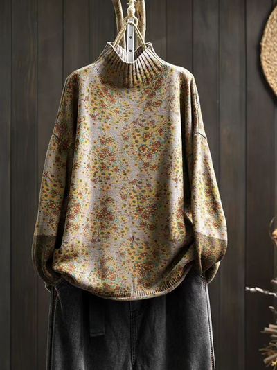 Women's Autumn and Winter Retro Half-Turtle Collar Printed Sweater