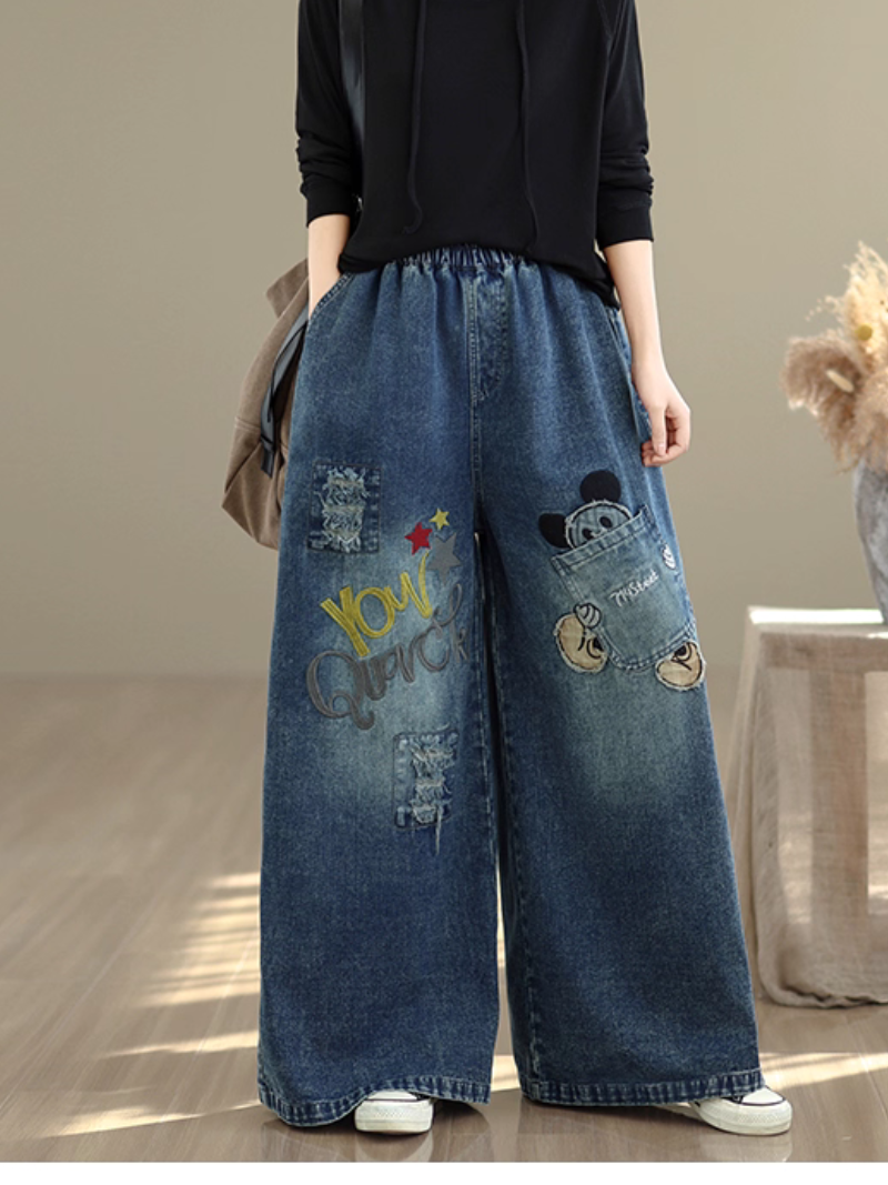 Chic Wide-Leg Women's Jeans in Denim Cotton with Artful Patchwork