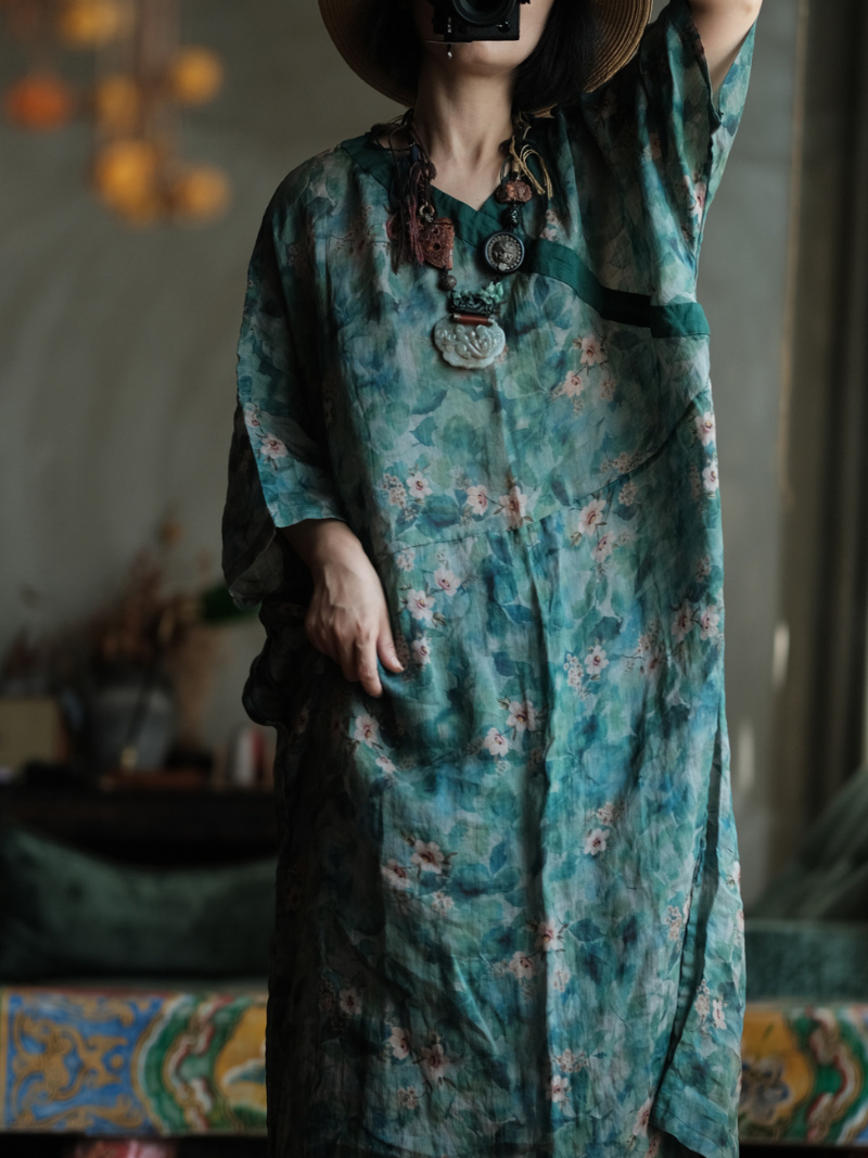 Artisanal Floral Ramie Kaftan Dress with Flowing Kimono Sleeves