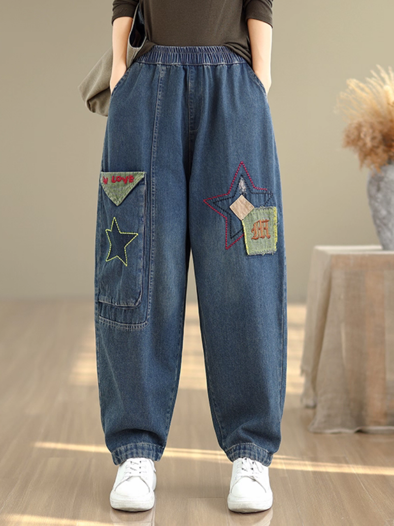 Artful Patchwork Harem Denim Pants, Relaxed Tapered Silhouette for Women