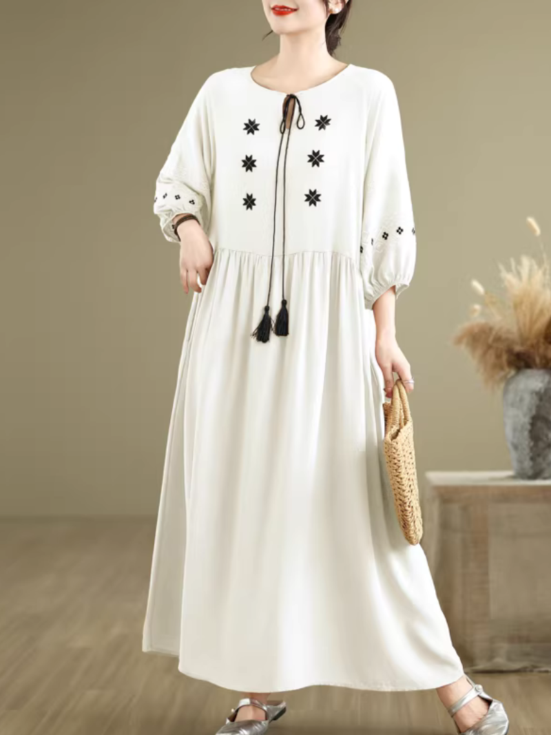 Embroidered Cotton-Linen Boho Maxi Dress with Tassel Tie Neck Detail