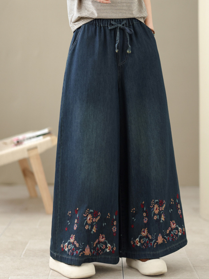 Embroidered Wide-Leg Denim Cotton Palazzo Pants with Elastic Drawstring Waist