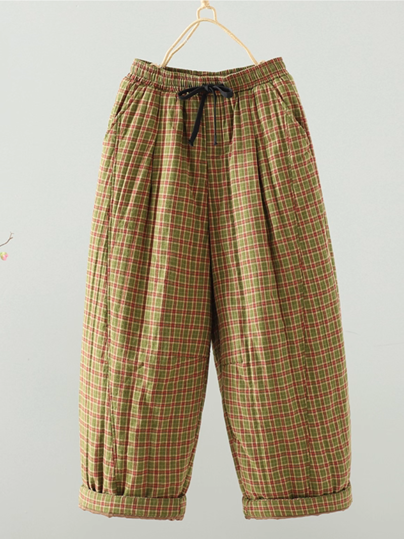 Artisanal plaid pants, relaxed cropped fit in breathable Cotton&Flax for women