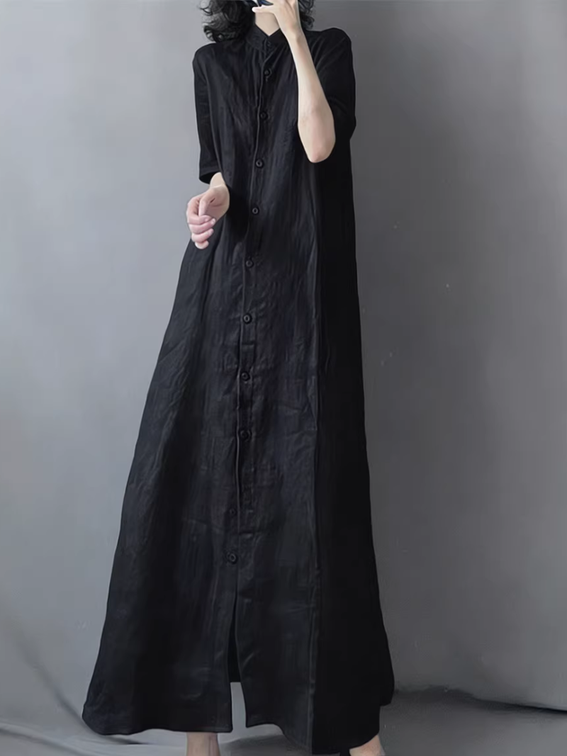 Serene Cotton-Linen Button-Front Maxi Shirt Dress with Mandarin Collar
