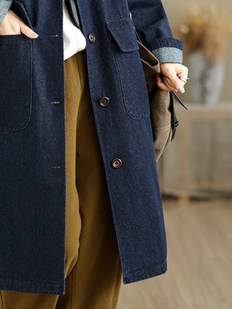 Relaxed Longline Denim Coat in Cotton with Patch Pockets, Effortless Chic