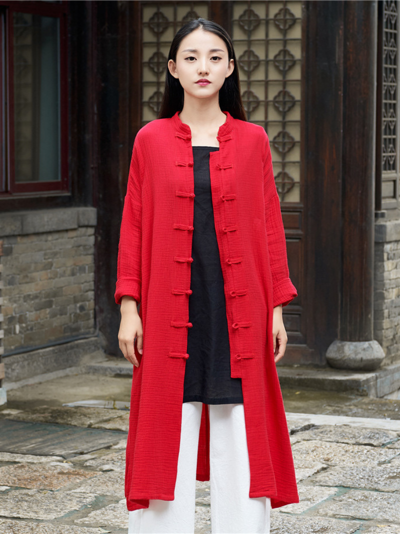 Elegant Cotton-Linen Mandarin Collar Midi Tunic Dress with Frog Buttons