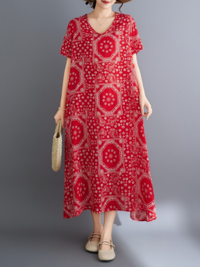 Bandana Mosaic Printed Cotton Relaxed Midi Dress with Soft Drape