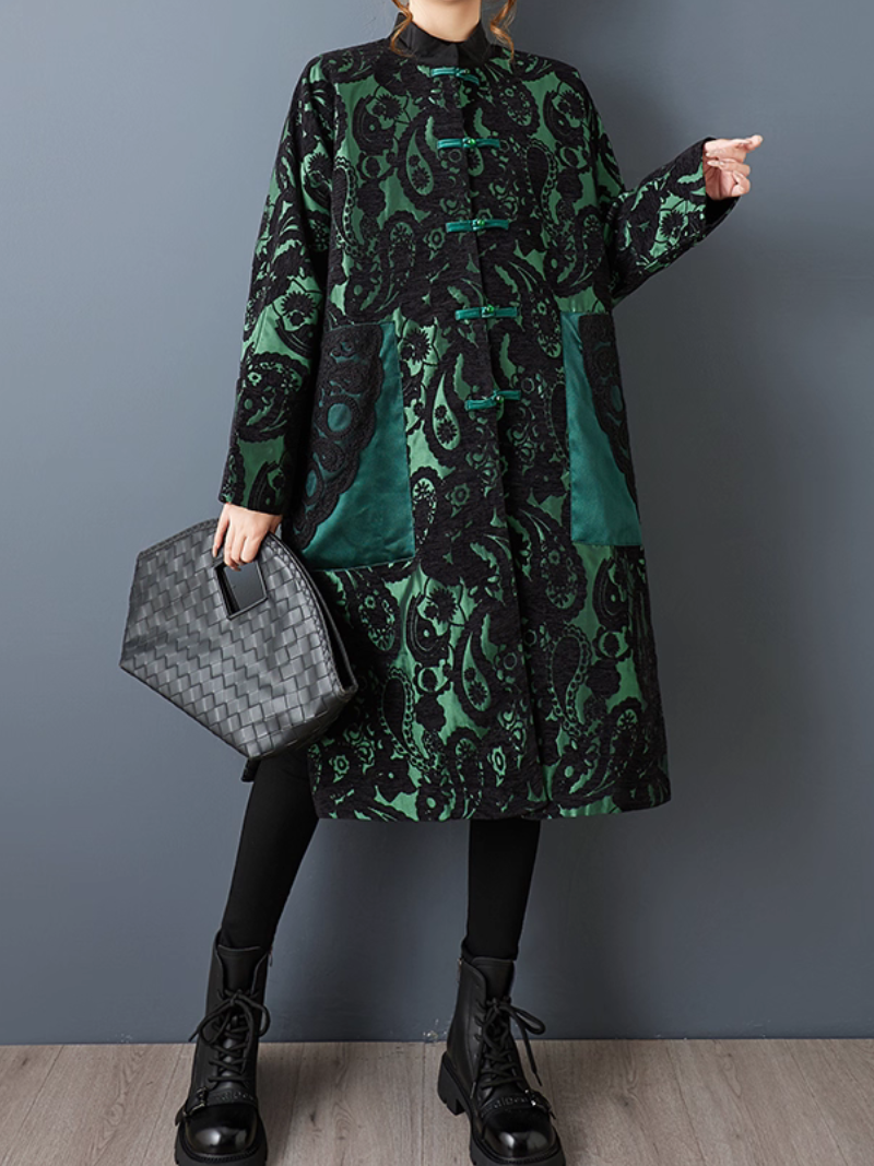 Artisanal Jacquard Flocking Overcoat with Mandarin Collar and Frog Closures