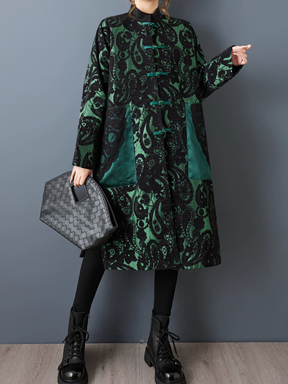 Artisanal Jacquard Flocking Overcoat with Mandarin Collar and Frog Closures