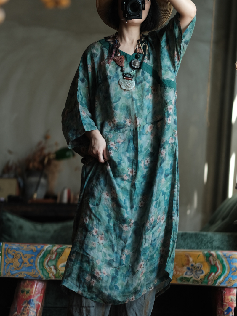 Artisanal Floral Ramie Kaftan Dress with Flowing Kimono Sleeves