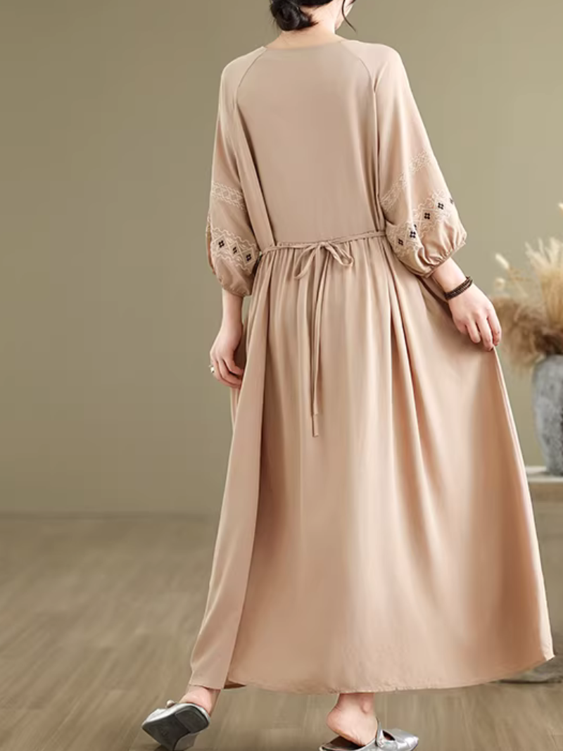 Embroidered Cotton-Linen Boho Maxi Dress with Tassel Tie Neck Detail