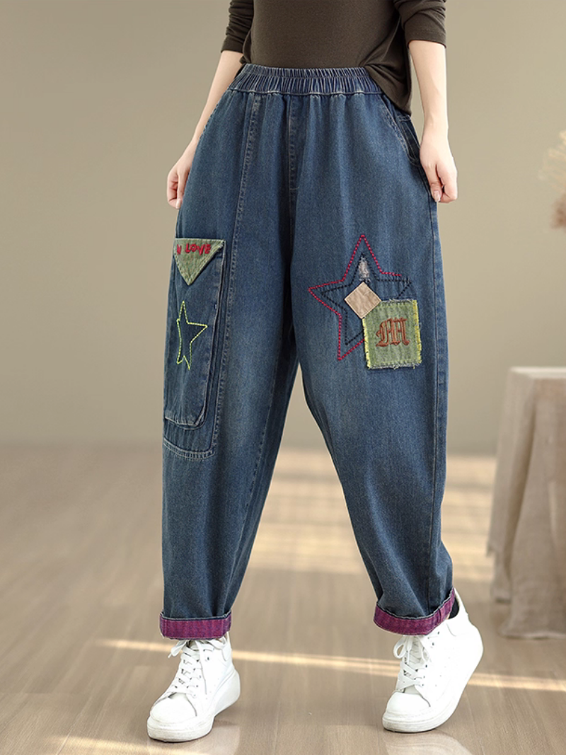 Artful Patchwork Harem Denim Pants, Relaxed Tapered Silhouette for Women