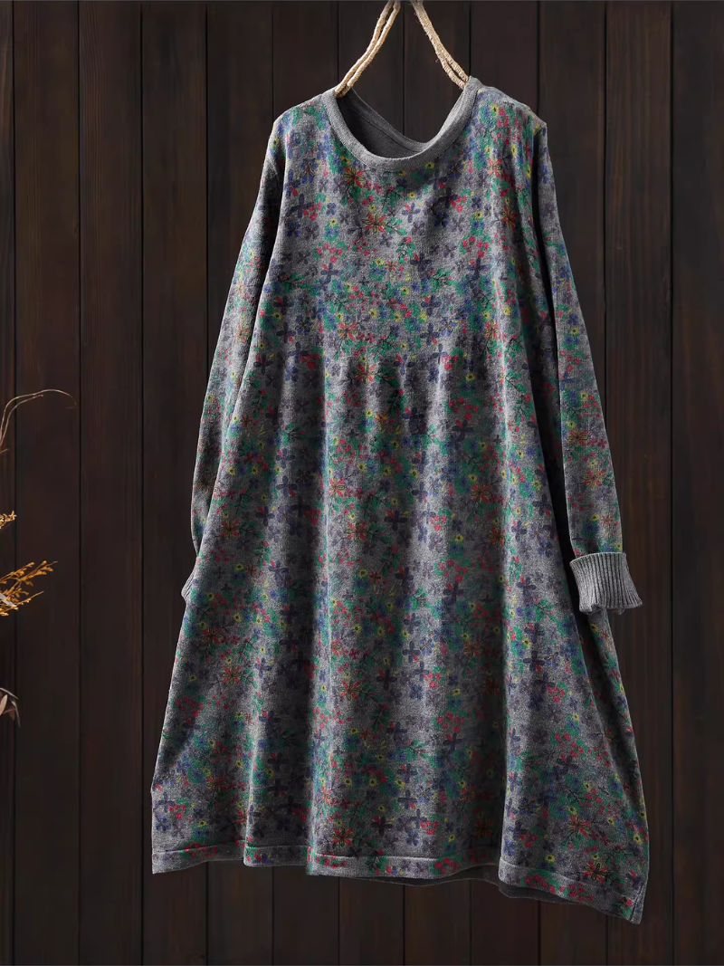 Elegant floral sweater dress in relaxed A-line silhouette for winter