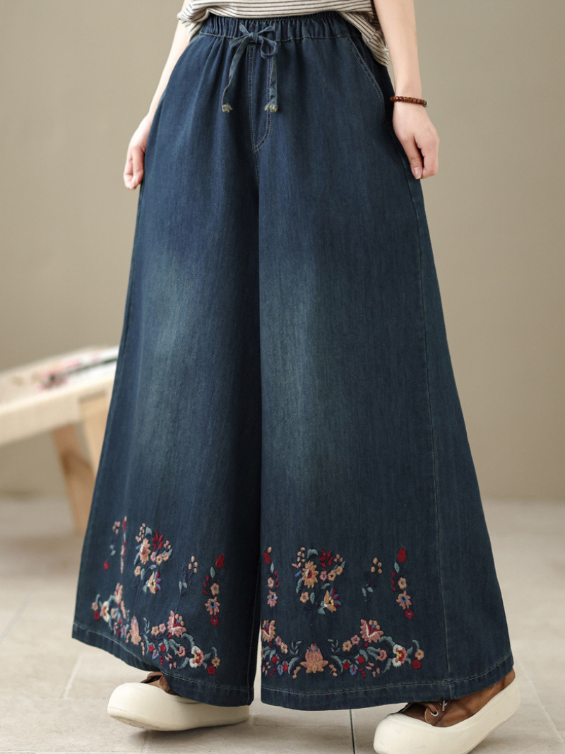 Embroidered Wide-Leg Denim Cotton Palazzo Pants with Elastic Drawstring Waist