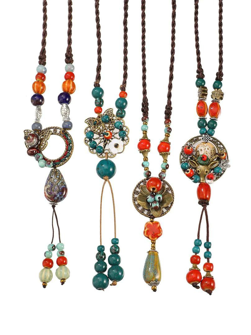 Chine esthétique de style ethnique Chaîne Rétros Retro Retro tissé de style chinois Collier en céramique Pendentif