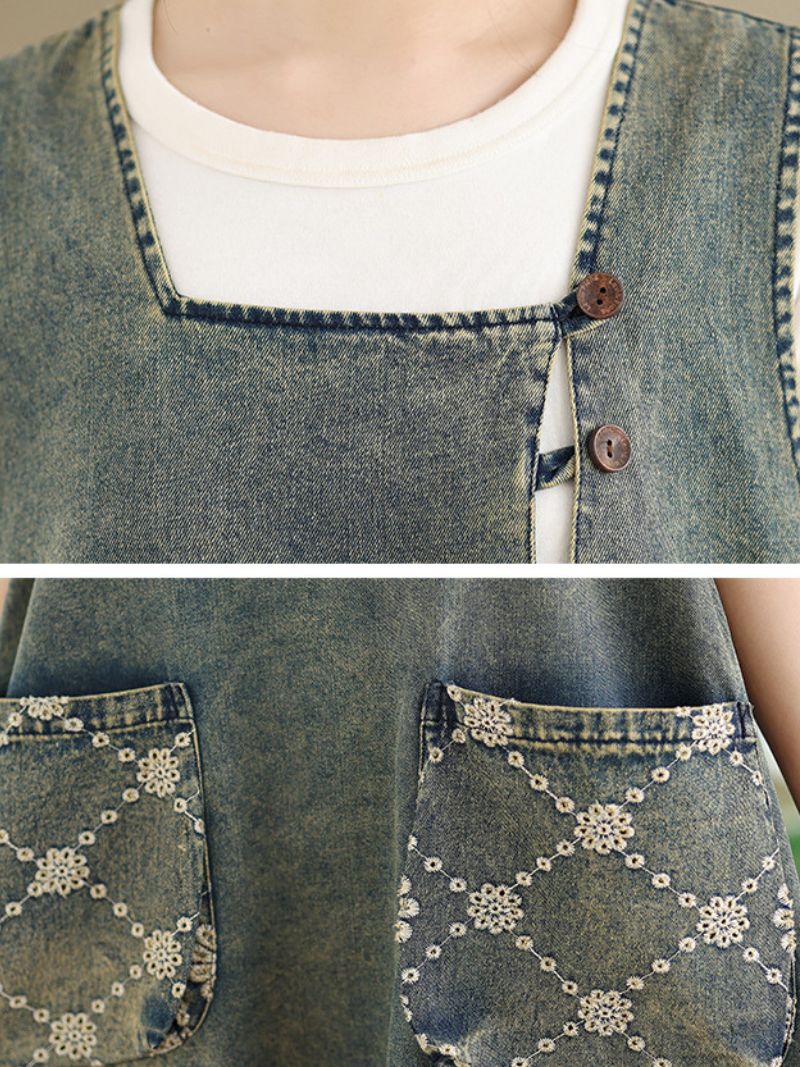 Artisanal Patchwork Denim Dress in Cotton Pinafore Silhouette, Relaxed Midi