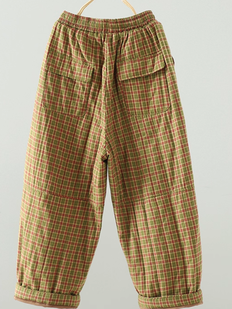 Artisanal plaid pants, relaxed cropped fit in breathable Cotton&Flax for women