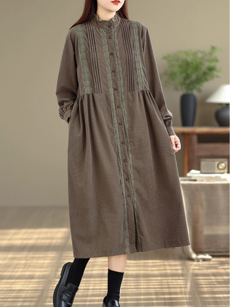 Vintage corduroy dress with stand collar and buttons, artful everyday ease