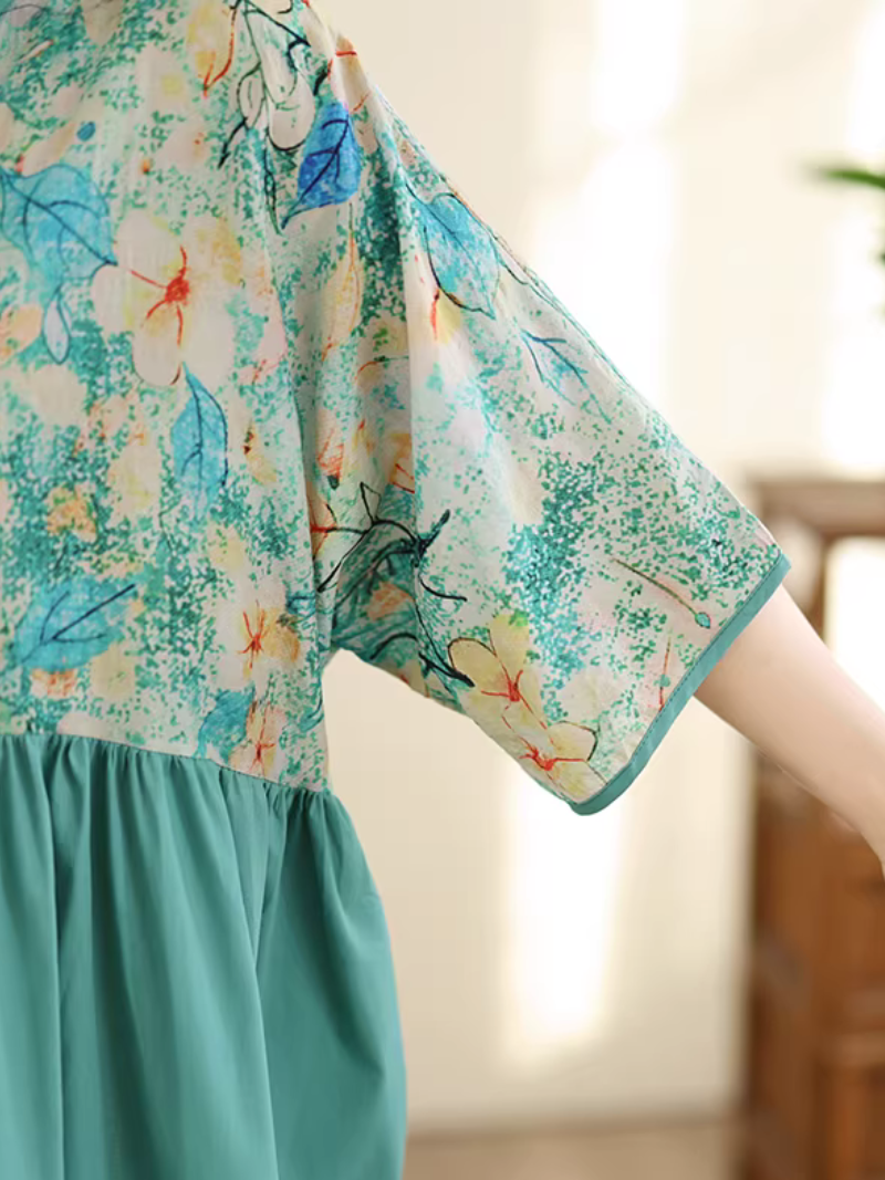 Artful Floral-Bodice V-Neck Maxi Dress in Breezy Viscose Blend Elegance