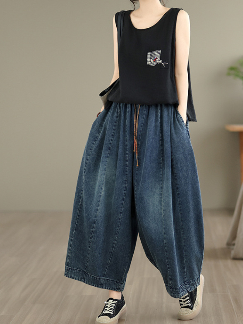 Vintage Denim Cotton Balloon Culotte Pants with Elastic Waist and Pockets
