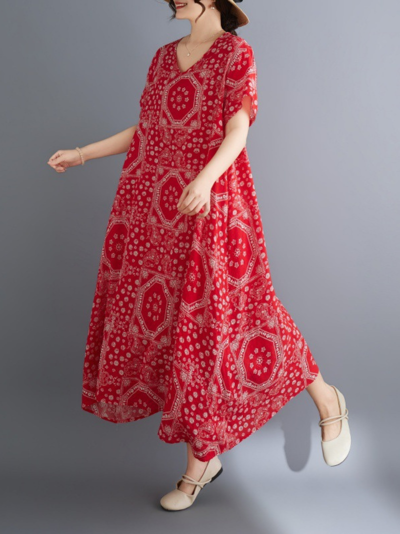 Bandana Mosaic Printed Cotton Relaxed Midi Dress with Soft Drape
