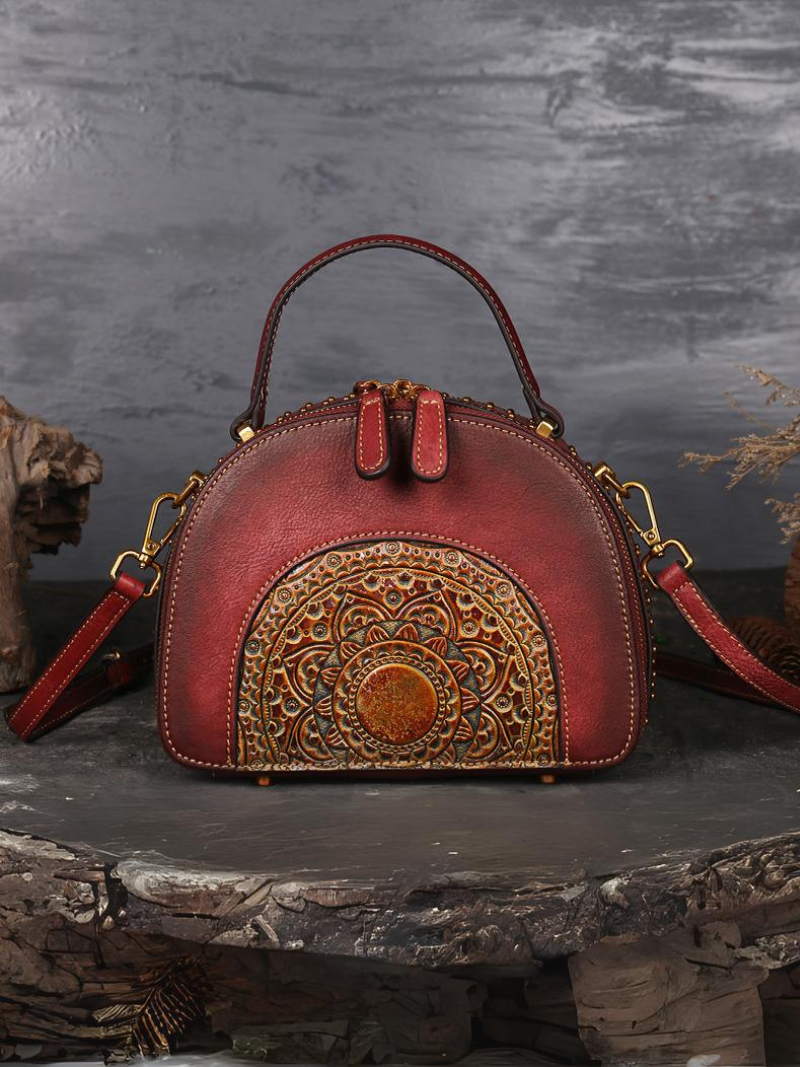 Red leather round bag
