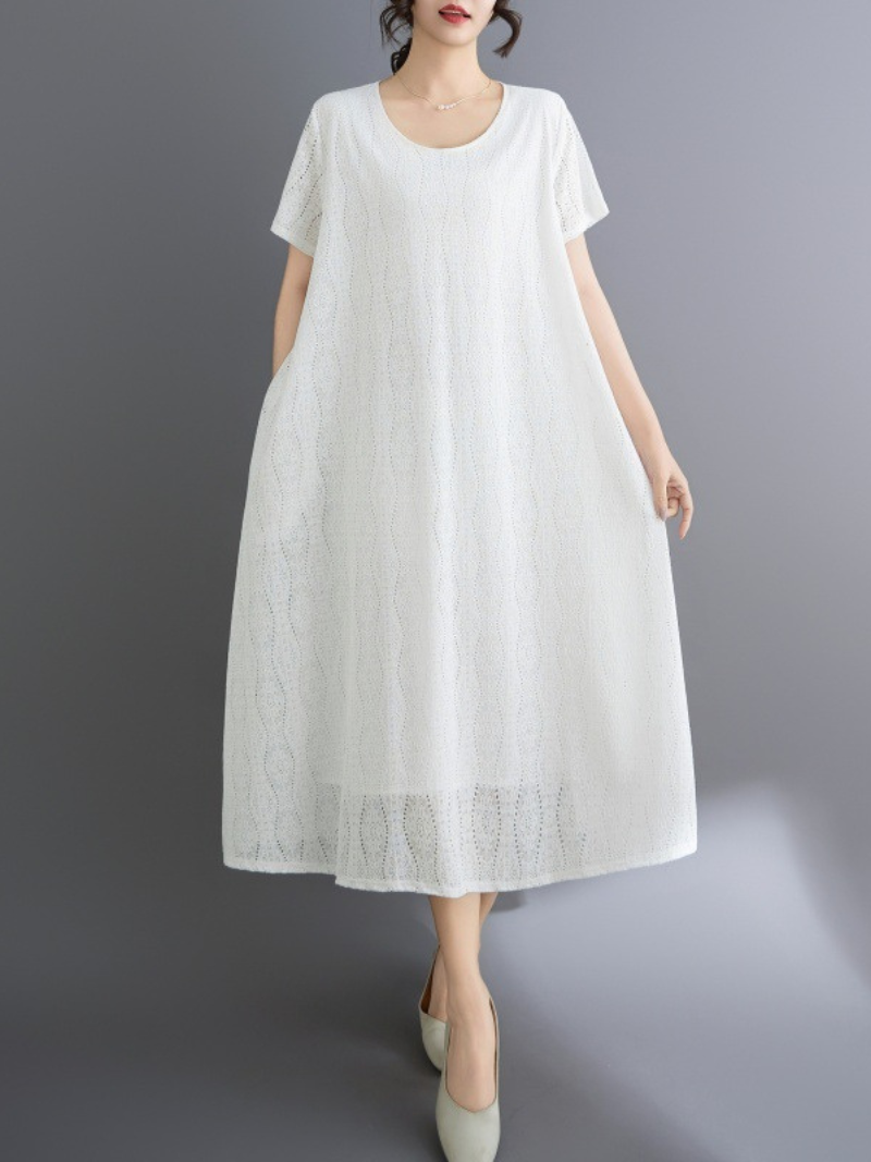 Lace-Scrolled A-Line Midi Dress with Pockets in Cotton Blend Elegance