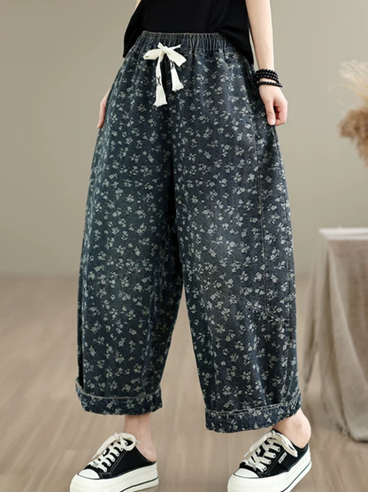 Floral Denim Cotton Wide-Leg Culottes with Tassel Drawstring Women's Pants