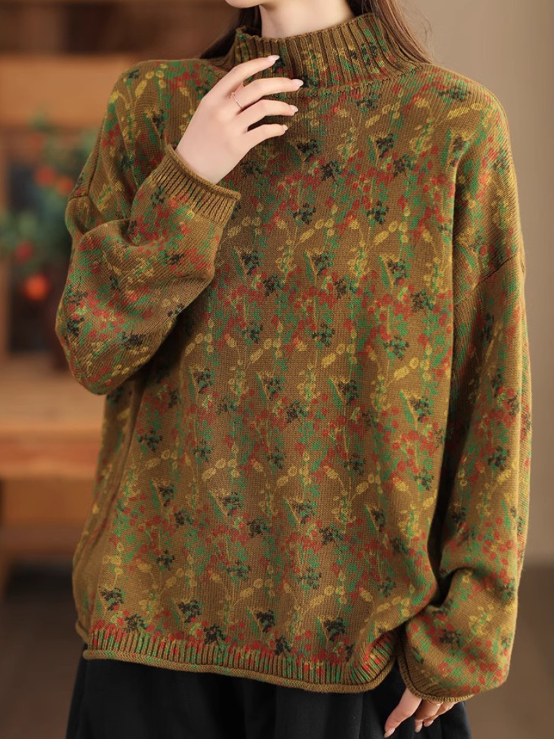 Jacquard Floral Knit Sweater with Relaxed Silhouette for Effortless Layering